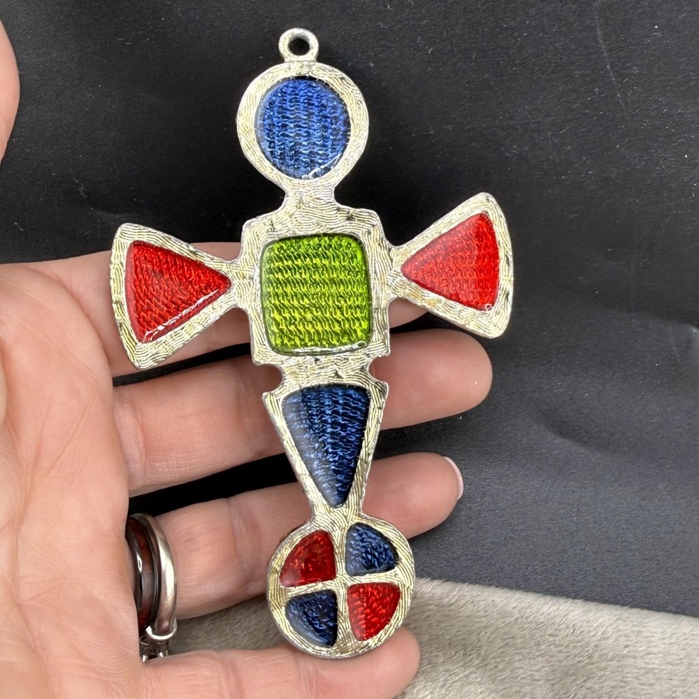 Vintage Coro Cross Pendant Multicolor Enamel Silver Tone Large Statement 4in
